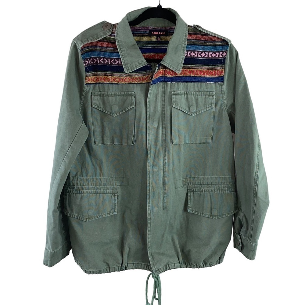 Nameless Utility Jacket with Multicolor Aztec Yoke - Olive Green